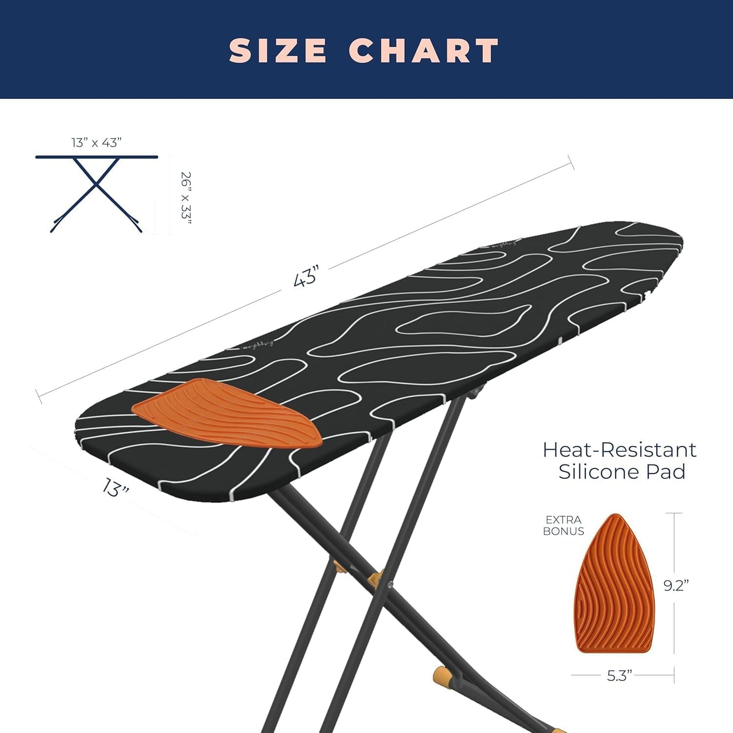Skiennix Compact Ironing Board - Height Adjustable with Extra Thick Cover & Smart Hanger | Black (13x43)