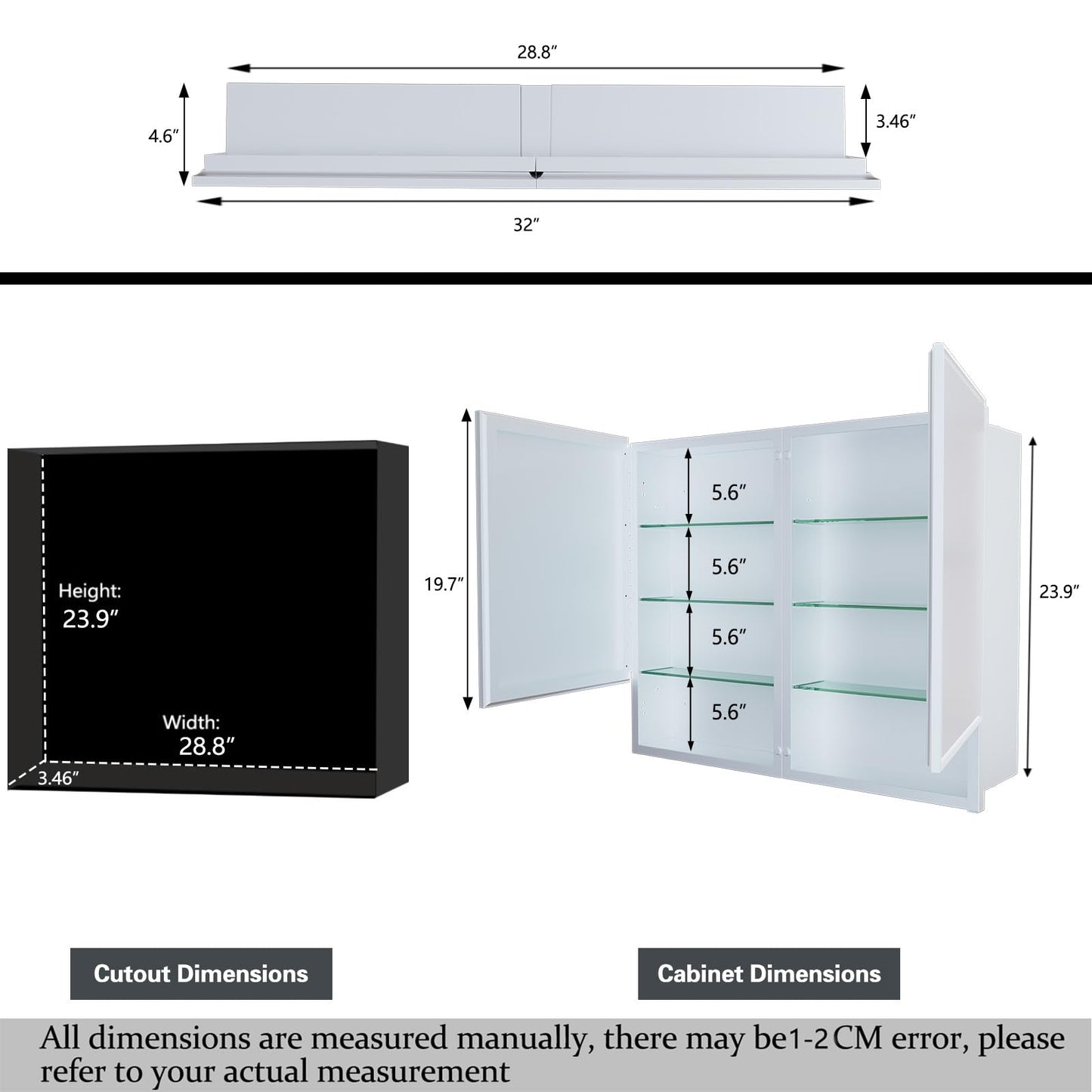 HESONTH 32x26 Inch Bathroom Medicine Cabinet with Mirror, Double Door Wall Mounted Storage with Extra Drawers, Bevel Edge Mirror, Adjustable Shelves, for Recessed or Surface Mount Installation