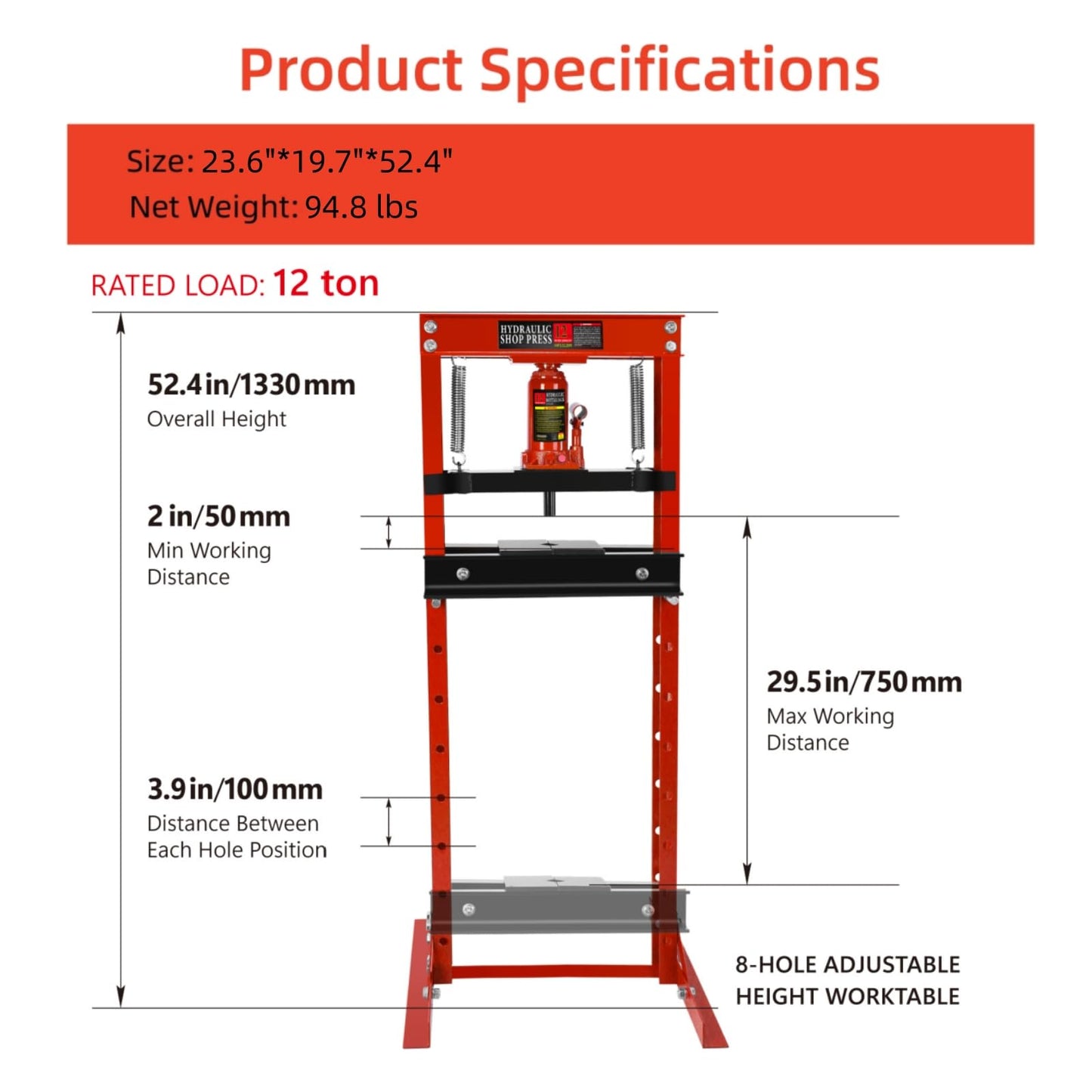 PULLAFUN Hydraulic Press, 12-Ton Benchtop Hydraulic Shop Press with Press Plates, H-Frame Garage Floor Press, Adjustable Working Table Height, Red
