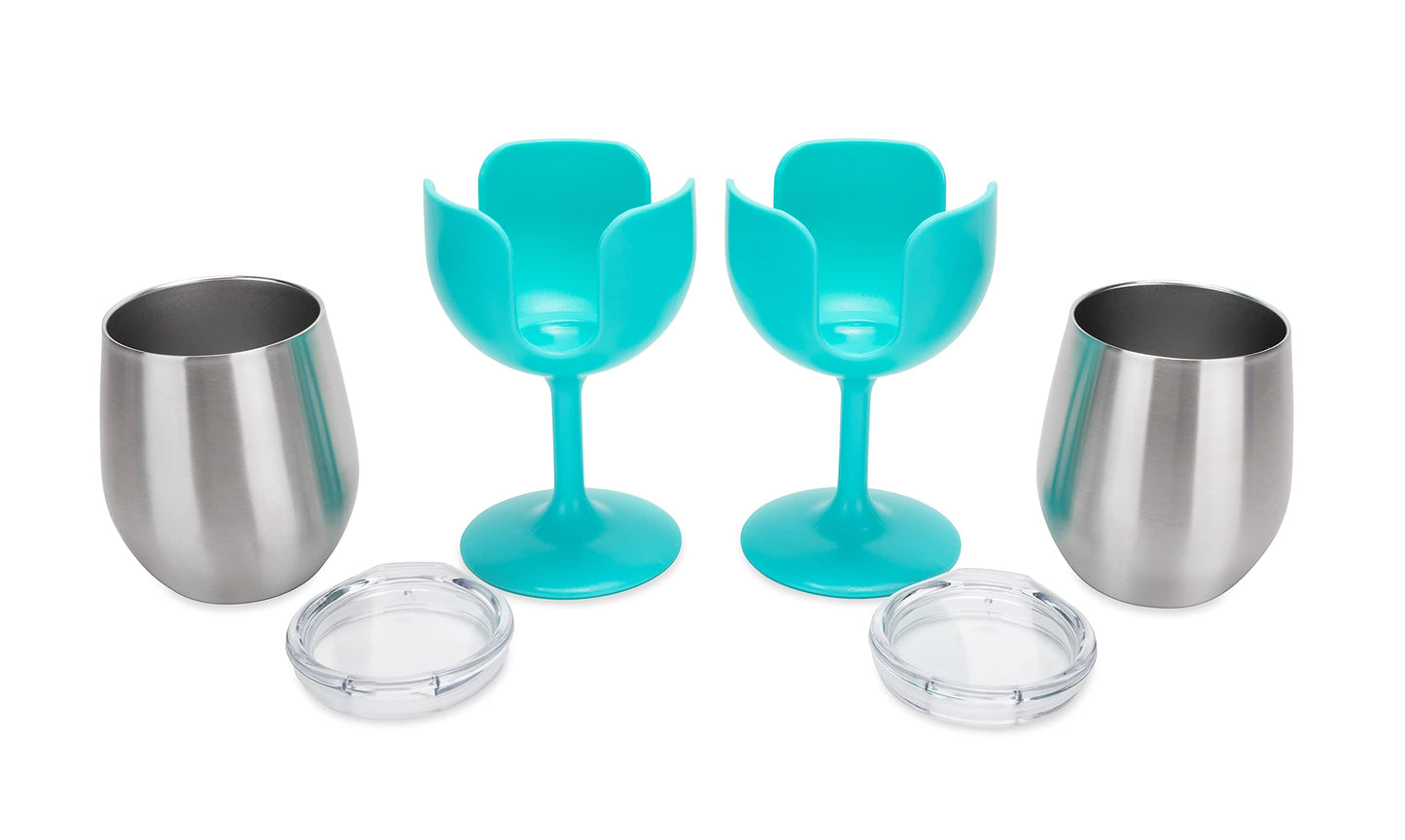 Camco Life is Better at The Campsite Stainless Steel Wine Tumbler 2-Pack - Features Heavy Duty Double Wall Vacuum Insulation & Removable Navy, Red, Green & Yellow Stems - Holds 8-oz Each - Blue(53484)