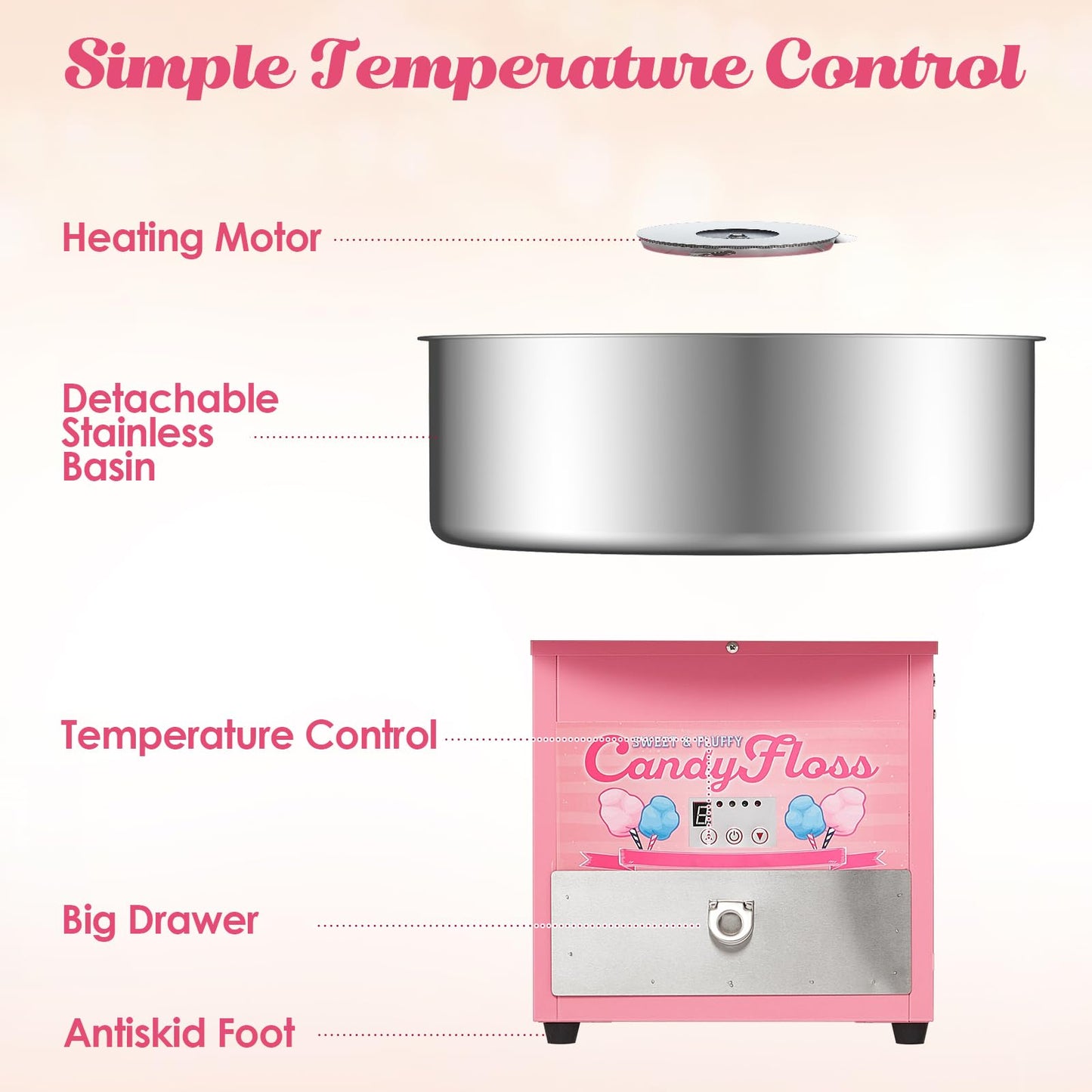 Electric Candy Cotton Machine for Kids Commercial Candy Cotton Maker with 20 Inch Stainless Steel Bowl Party Home Festival Pink