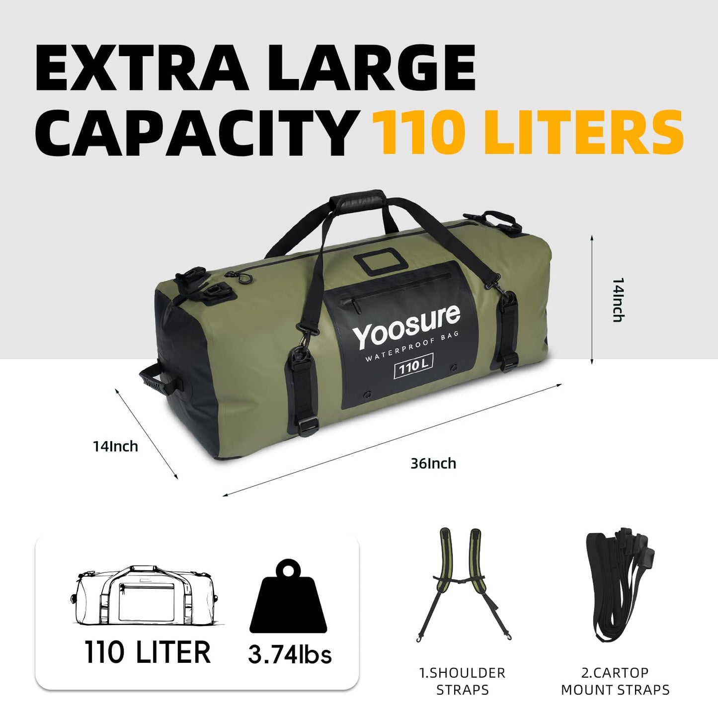 YOOSURE Waterproof Duffel Bag 110L - Marine Dry Bag with 700D PVC & Airtight Zipper, Extra Large Duffle Bag for Camping, Rafting, Kayaking, Boating, Car Roof Storage (Green)