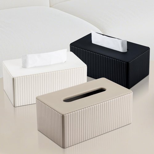 KINGFOM PU Leather Tissue Box Cover Rectangular Tissue Box Holder with Magnetic Bottom, Napkin & Facial Tissue Holder Dispenser for Home, Office for Standard 120-count/160-count (2-Ply) Beige Stripe