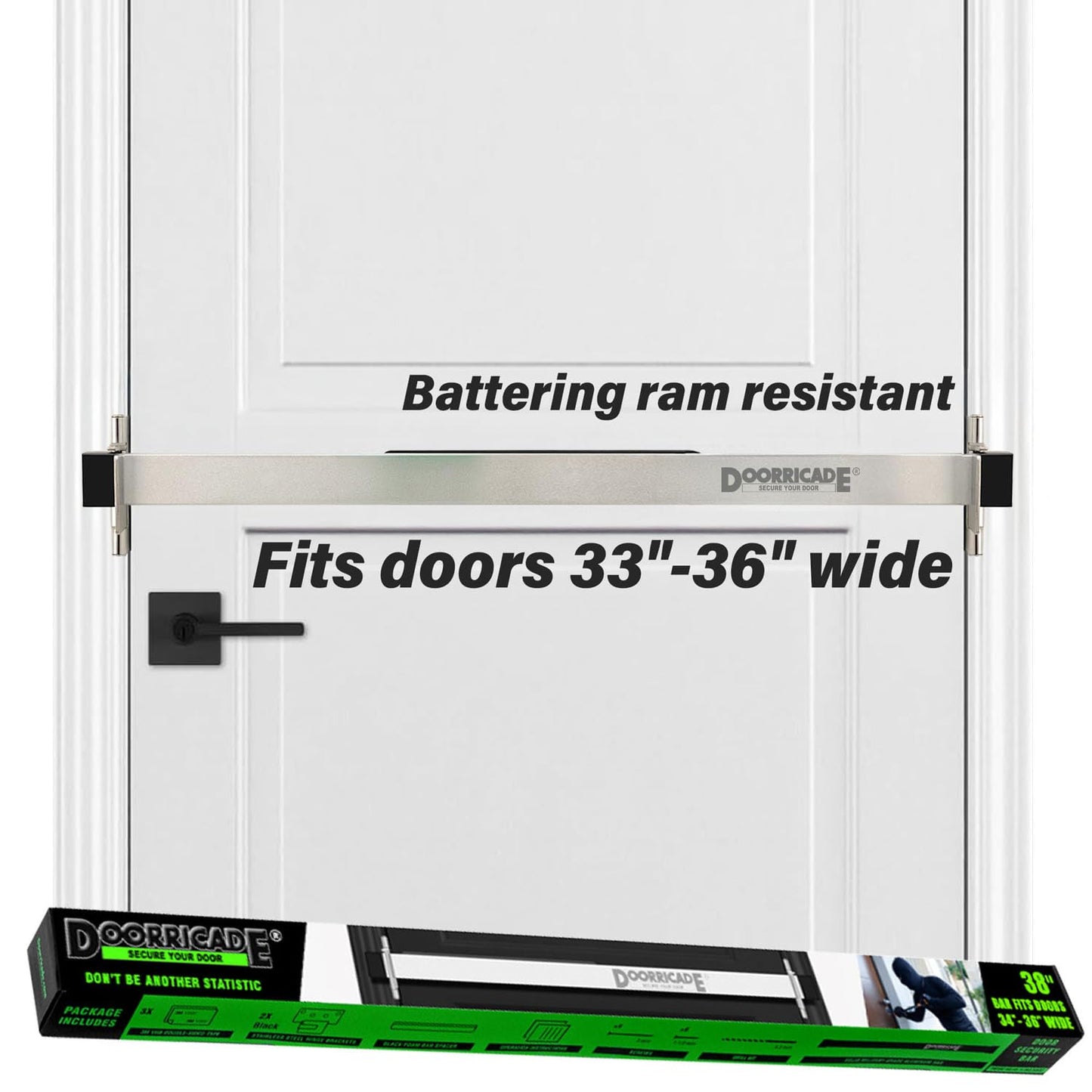 Door Security Bar-by Doorricade-Secure The Entire Width of Your Inward Opening Front Door-Safe Room. Fits Doors 32"-36" Wide.