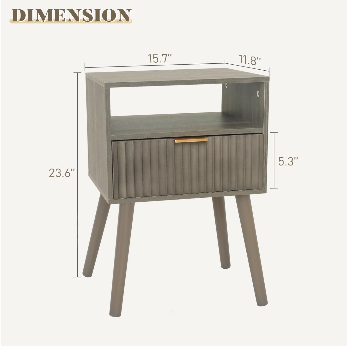 Fultyle Grey Nightstand, Modern Night Stand Wood, Fluted Bedside Table with Solid Wood Legs for Bedroom, Dorm and Small Space (Grey)