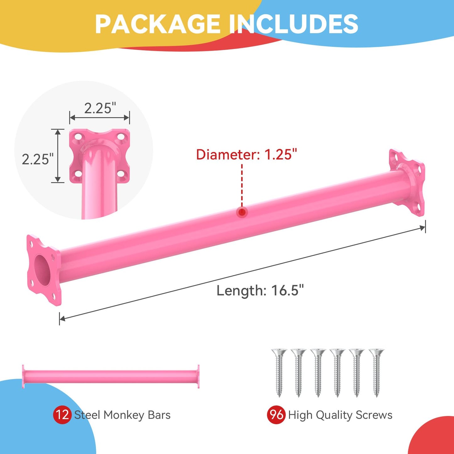 SUNSHINE FARMRE 16.5 Inch Monkey Bars Kit Playground Monkey Bar Ladder Rungs for Backyard Indoor Outdoor Metal Monkey Bars Swing Set Playset Accessories (Pink, 12 Pcs)