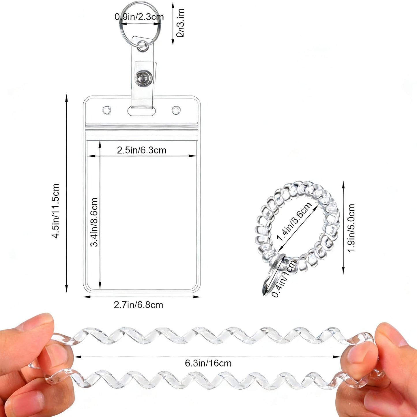 2Pack Wrist Coil ID Badge Holder with Stretchable Spiral Wristband Key Ring, Vertical PVC Credit Card Holders
