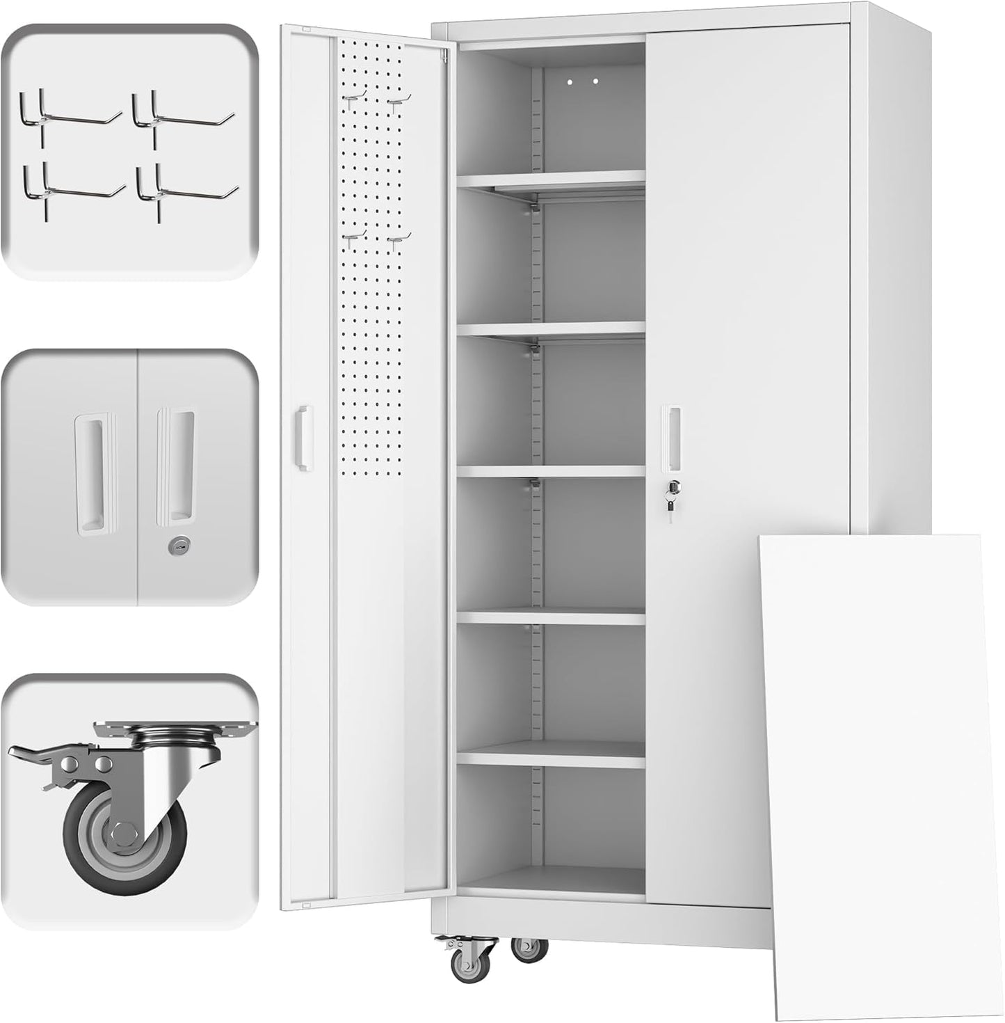 Reemoon 71" Tall Metal Garage Storage Cabinet with Wheels and Pegboard, Rolling Steel Cabinet with 5 Adjustable Shelves and Locking Doors for Garage Home Office Storage, White, Assembly Required
