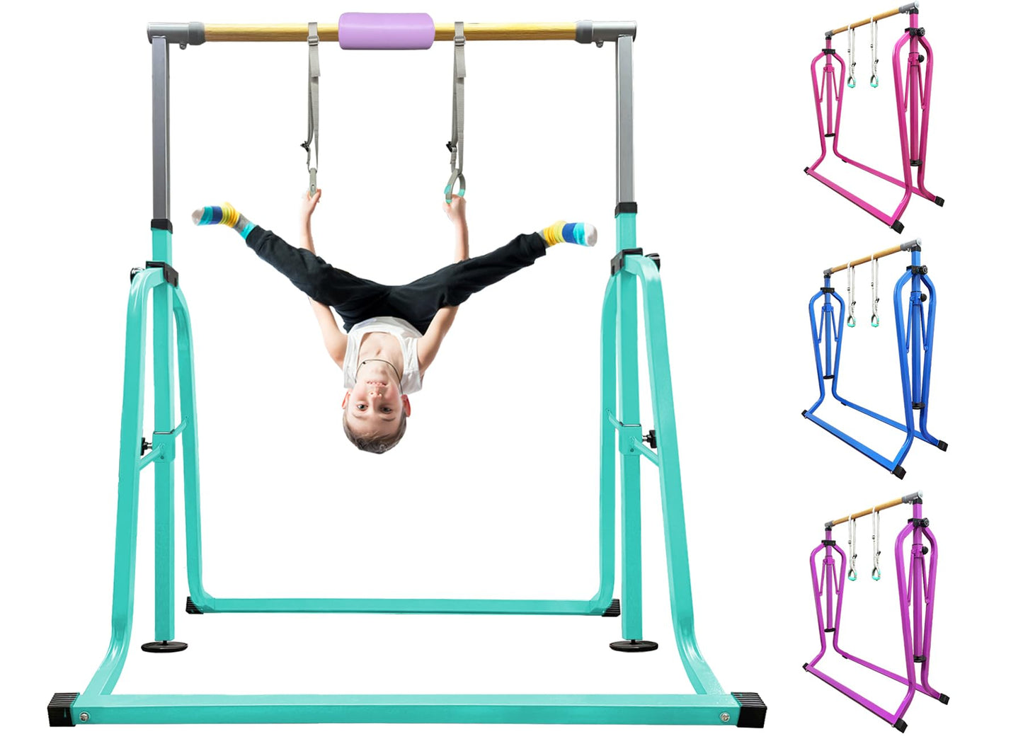 kechery Foldable & Moveable Gymnastics Horizontal Bar with Rings,3’to 5’Adjustable Height Expandable Junior Kip Bar for Home,Indoor Gym Equipment for Kids (Foldable Teal with Rings)