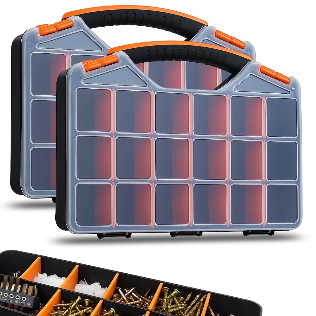Andalus Tools Organizer Box, Small Parts Storage 18-Compartment Portable Hardware Organizer Removable Plastic Dividers for Screws, Nuts, Bolts, Nails – Orange (2 Pack, 12.75" x 10" x 1.75")