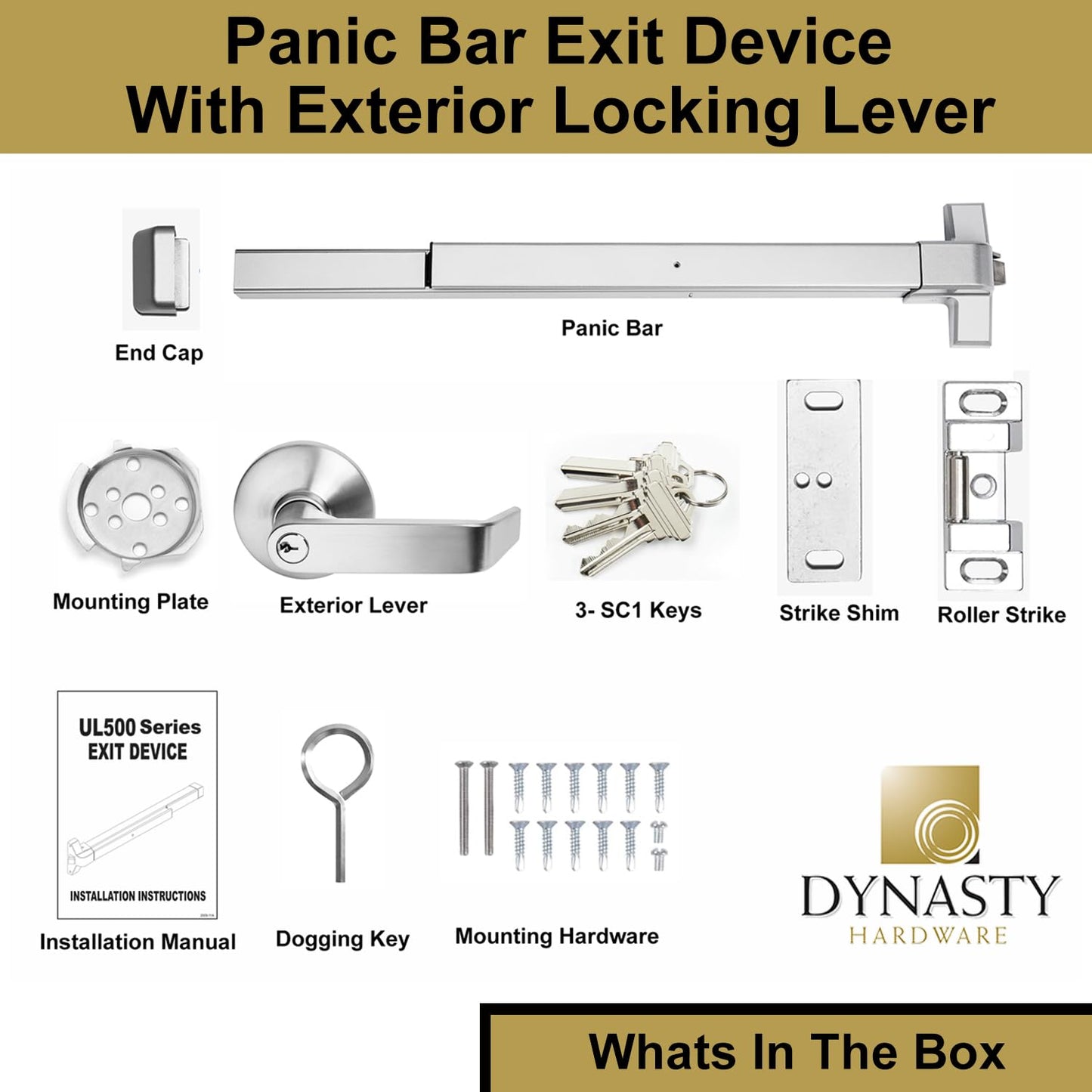 Dynasty Hardware Push Bar Panic Exit Device for Emergency Exit Doors Painted Aluminum, with Exterior Lever Handle