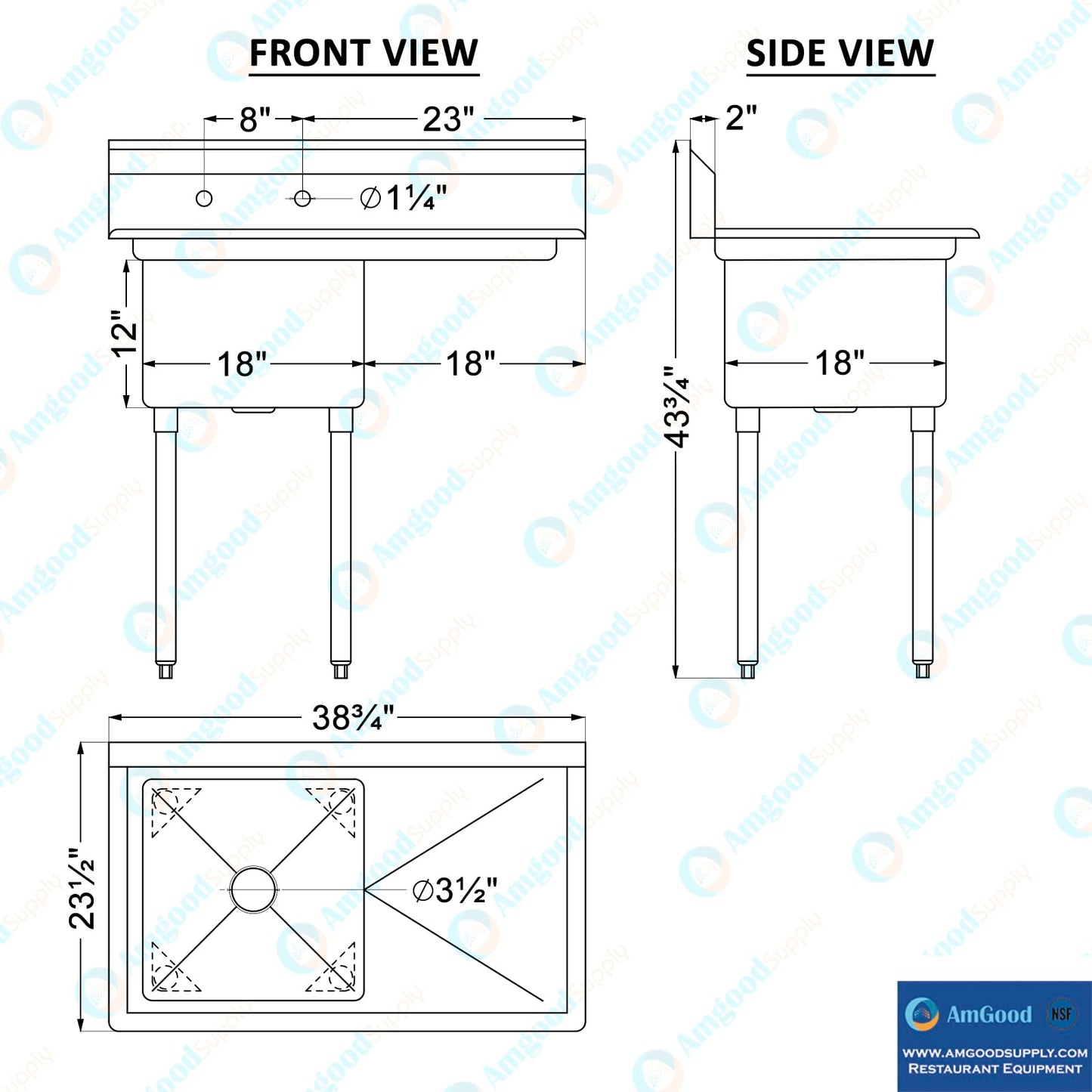 39 in. x 23.5 in. Stainless Steel One Compartment Sink with 18 in. x 18 in. Bowl and 18 in. Right Drainboard. NSF