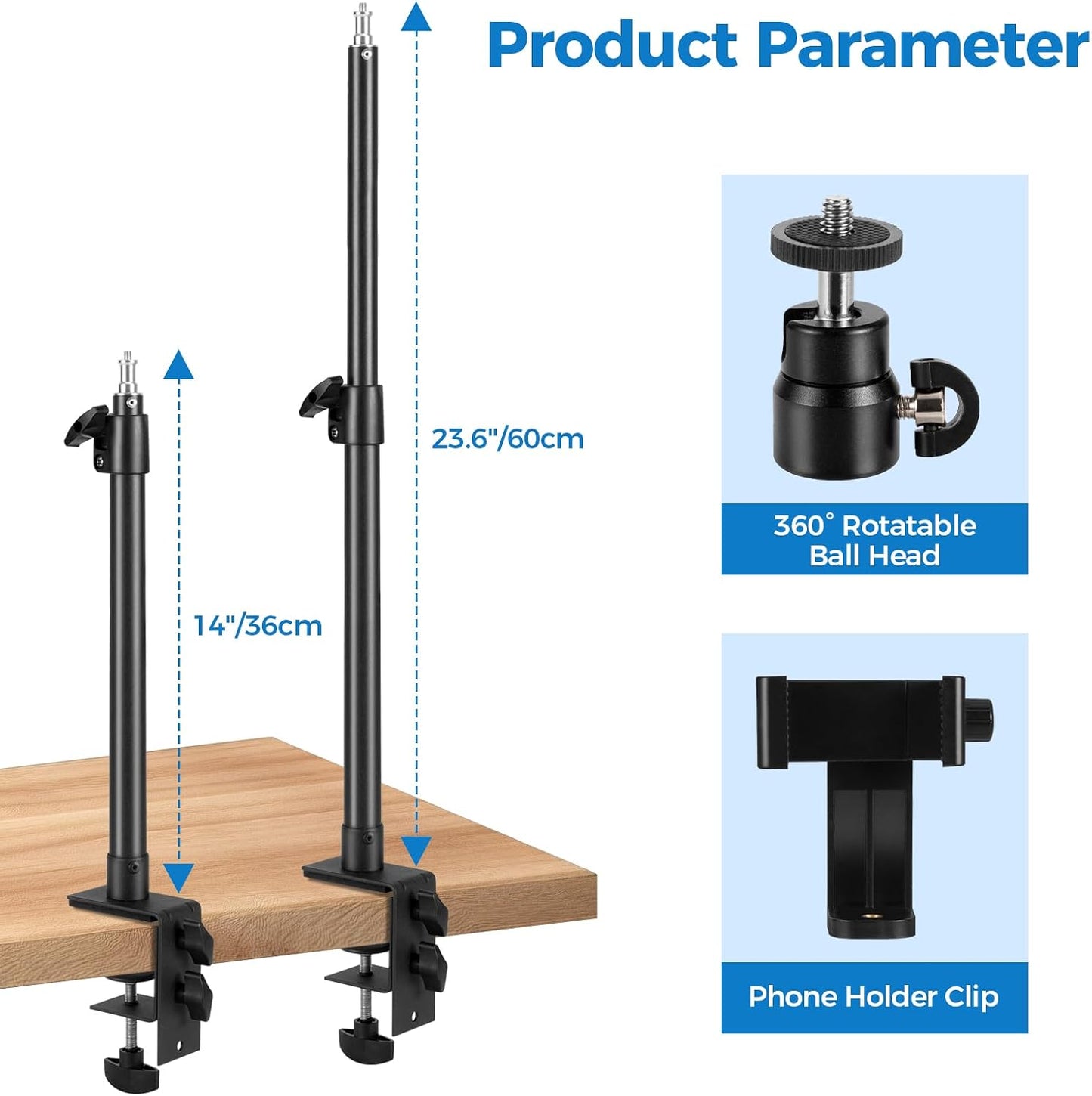 1/4" 14"-23.6" Camera Desk Mount Stand with Ball Head and Phone Holder Clip, Desktop Light Stand, Adjustable Light
