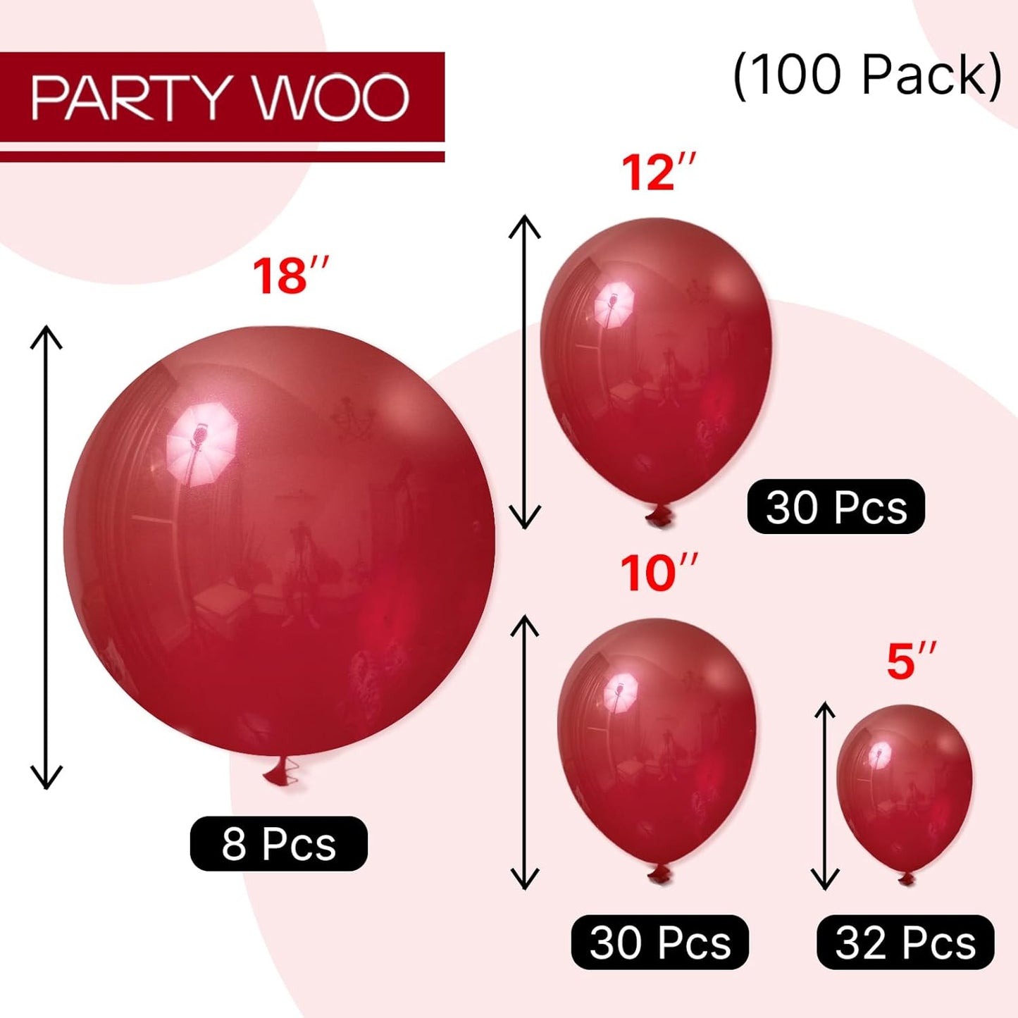 PartyWoo Burgundy Balloons - 100 Pcs in Various Sizes for Birthday & Graduation Decor | Dark Chestnut Red
