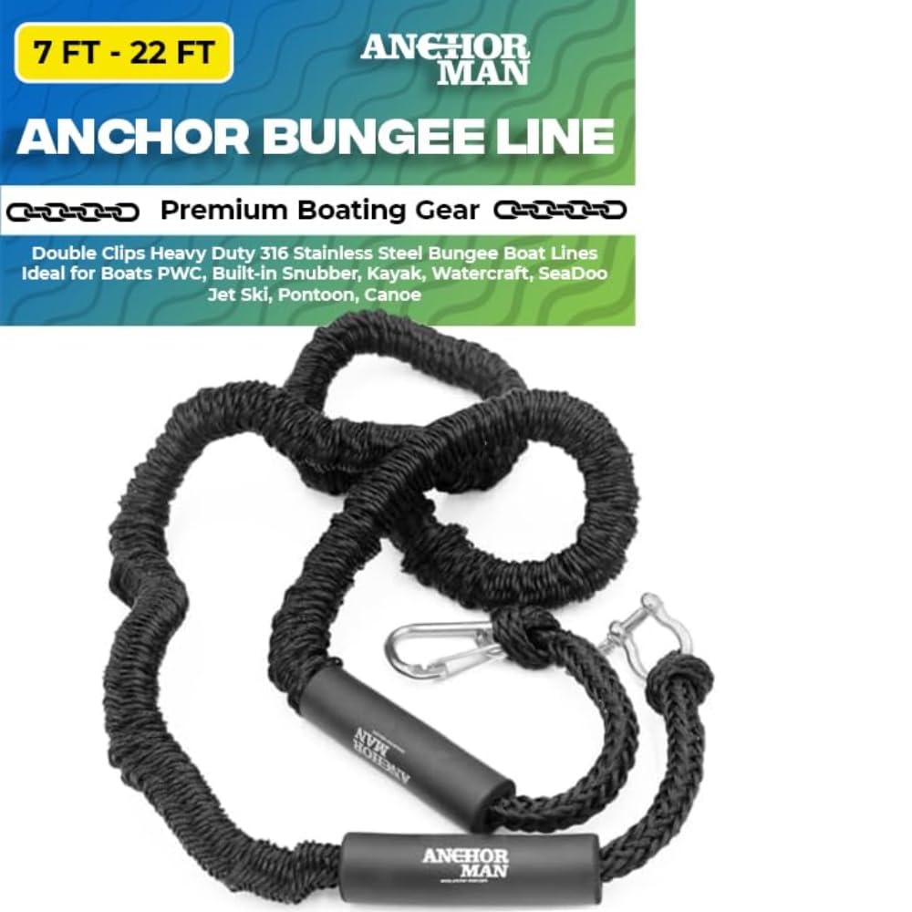 Anchor-Man Boat Bungee Dock Lines 7ft-22ft Heavy-Duty Bungee Anchor Line with 316 Stainless Steel Clips High-Elasticity Bungee Rope for Boat, Jet Ski, & Kayak
