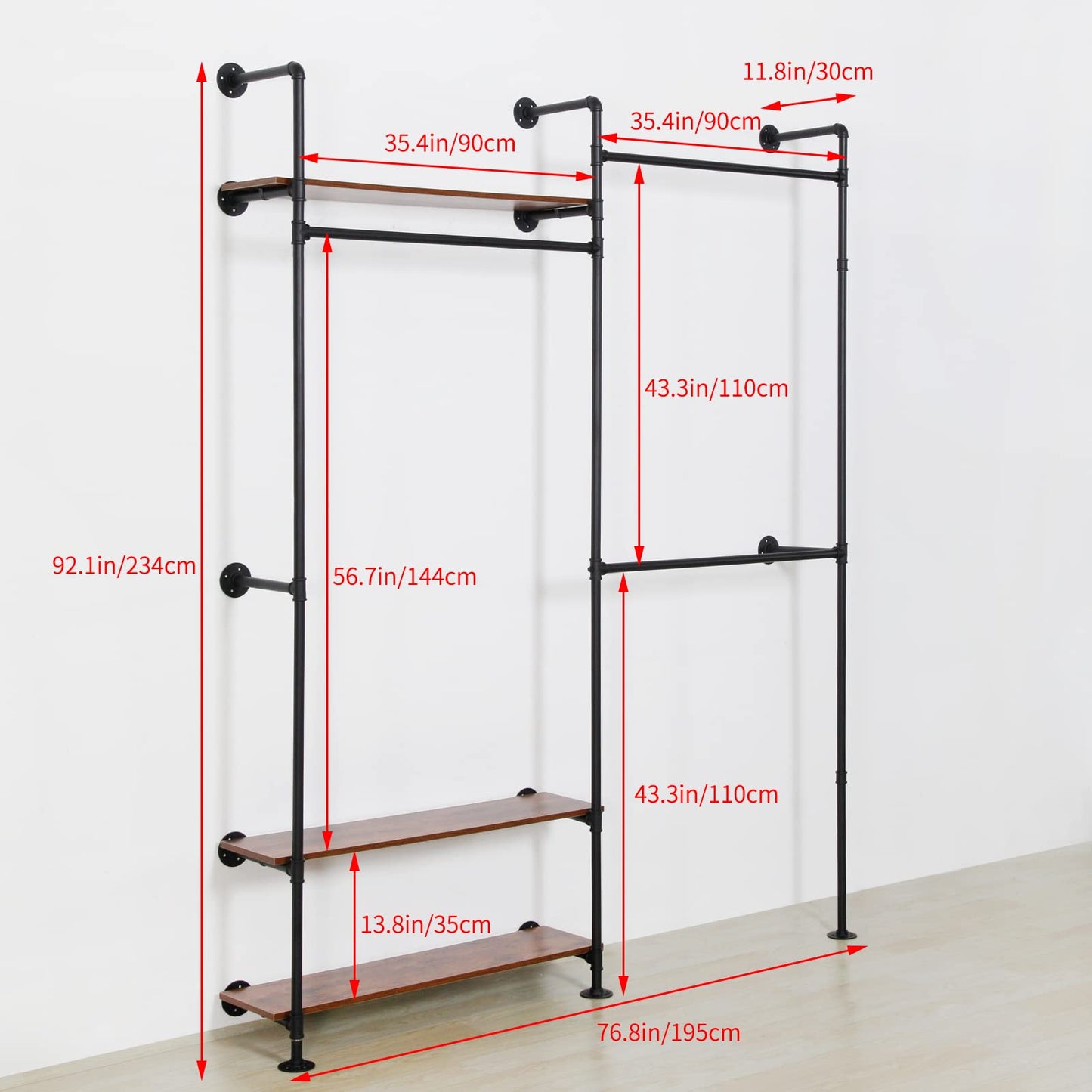 EDCB Industrial Pipe Clothing Rack - Wall Mounted 3-Tier Heavy Duty Metal Garment Rack with Shelves, Black Closet Organizer for Retail Stores & Bedroom (92.1X76.8inch)