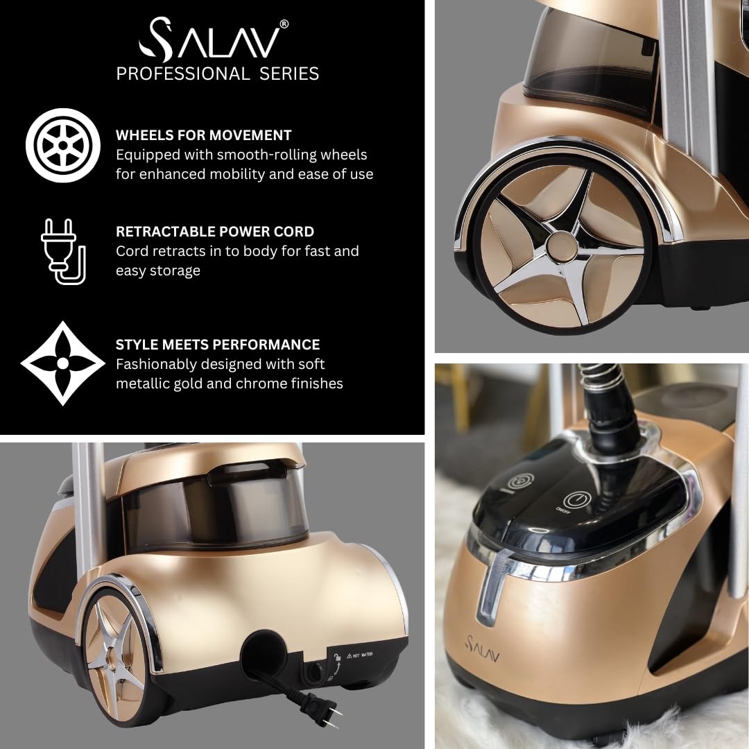 SALAV Limited Edition Professional Series Dual Bar Garment Steamer with Foot Pedals, Stainless Steel Steam Plate, Retractable Power Cord, 1.8L (60.8 oz) Water Tank, 1500 watts, 60+mins of Steam