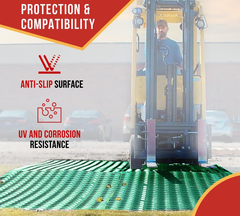 Mytee Products 12 Pk 4' x 8' - 1/2" Thick Heavy Duty Green Ground Protection Mats with Diamond Plated Tread - Easily Supports 120 Ton Loads - HDPE Construction Mat for Equipment Lawns Landscapers