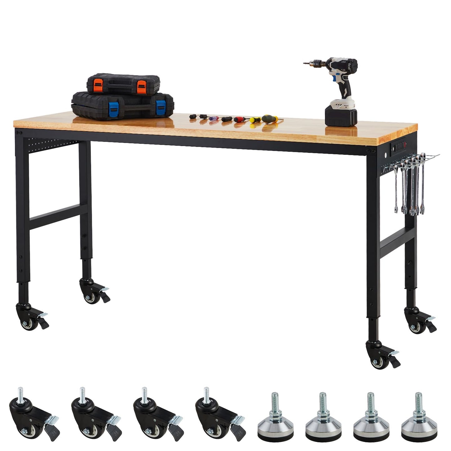 ExploreHorizon Workbench Adjustable 75' x 25', 29.5"-38.4" Heights Garage Worktable with Universal Wheels Power Outlet, Heavy-Duty Table for Workshop Office Home Commercial, 2000 Lbs Load Capacity