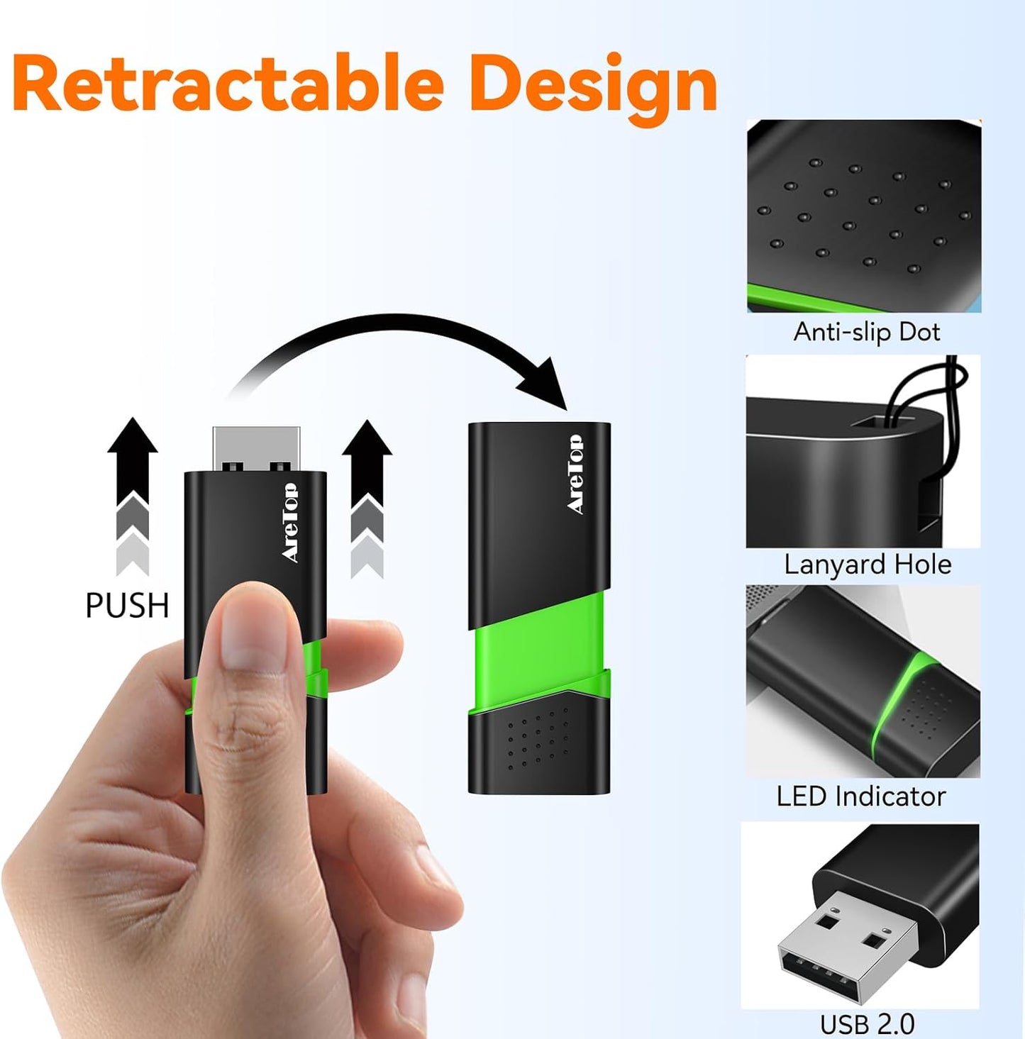 AreTop 8GB 5 Pack FAT32 8GB 5 Pack Flash Drive Thumb Drives Slide Retractable USB Drives Memory Sticks for Data Storage
