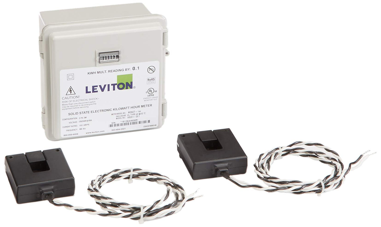 Leviton Outdoor Surface Mount Mechanical Counter 120/208/240V 2P3W 100A with 2 Split Core CTs Mini Meter Kit, MO240-1W