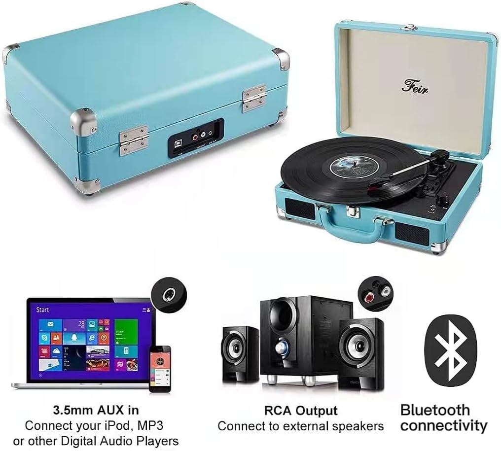 Feir 3 2 Vinyl Stereo Blue Record Player Speed Portable Turntable Suitcase Built in Speakers RCA Line Out AUX Headphone