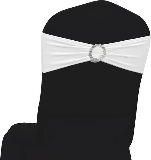 MDS Spandex Chair Sashes - Pack of 150 Universal Elastic Stretch Bands with Buckle Slider Bow | White