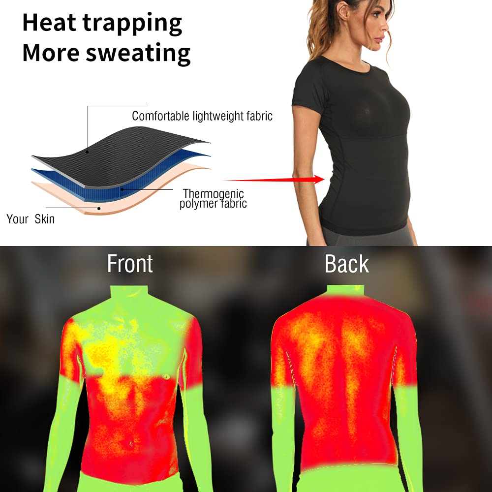 NANOOER Sauna Shirt for Women Sweat Suit, Short Sleeve Sauna Shirt Women, Athletic Tee Sauna Top Compression Waist Trainer, (Blue, Medium)