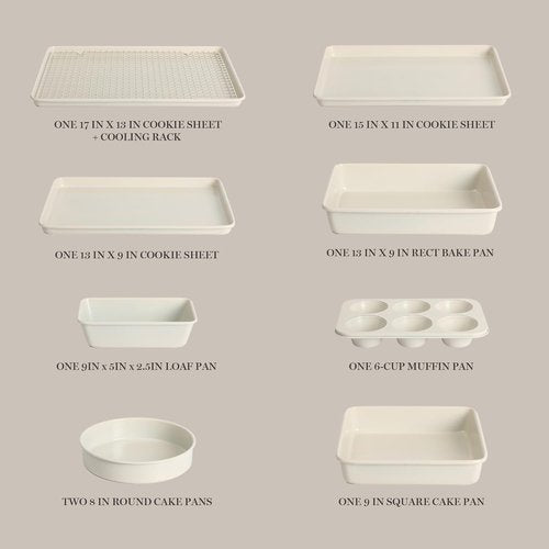 Martha Stewart Gallen 10-Piece Non-Toxic Ceramic Baking Pans Set | PFA-Free Non-Stick Bakeware - Linen White
