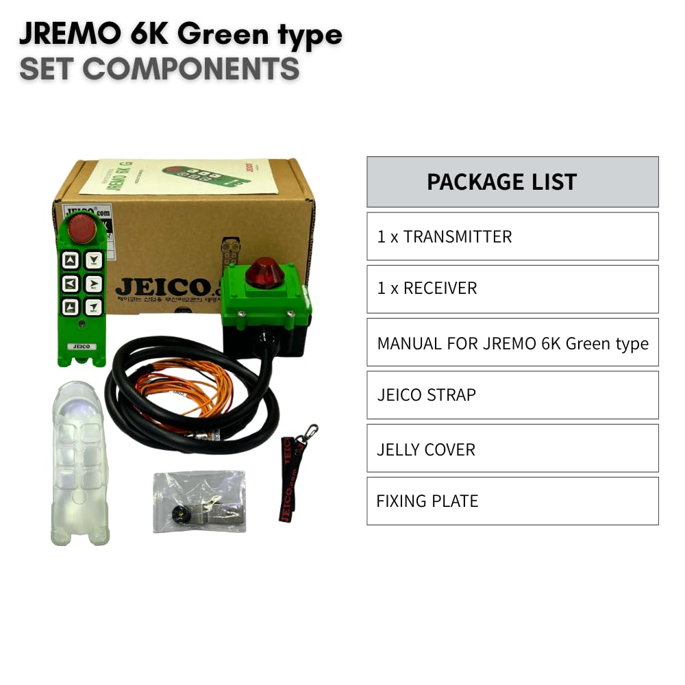 JEICO Crane Hoist Industrial Wireless Remote 6 Buttons Controller JREMO 6K Green Type (1 Transmitter + 1 Receiver) Green, Made in Korea