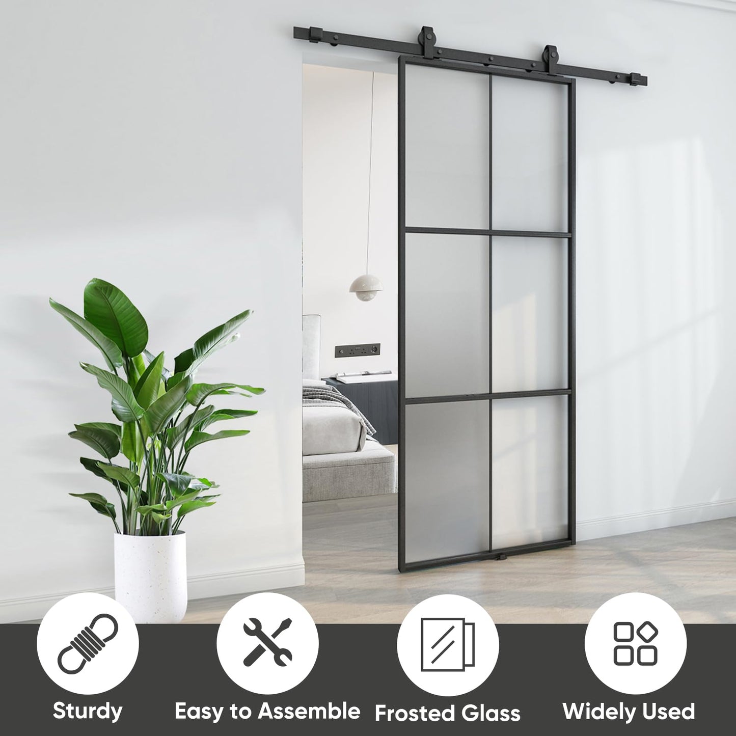 BARNSMITH 36in x 96in Glass Barn Door with 6FT Hardware Included, Aluminum Alloy Frame Frosted Tempered Glass, 6-Lite Lightweight Sliding Barn Door, Easy Assembly