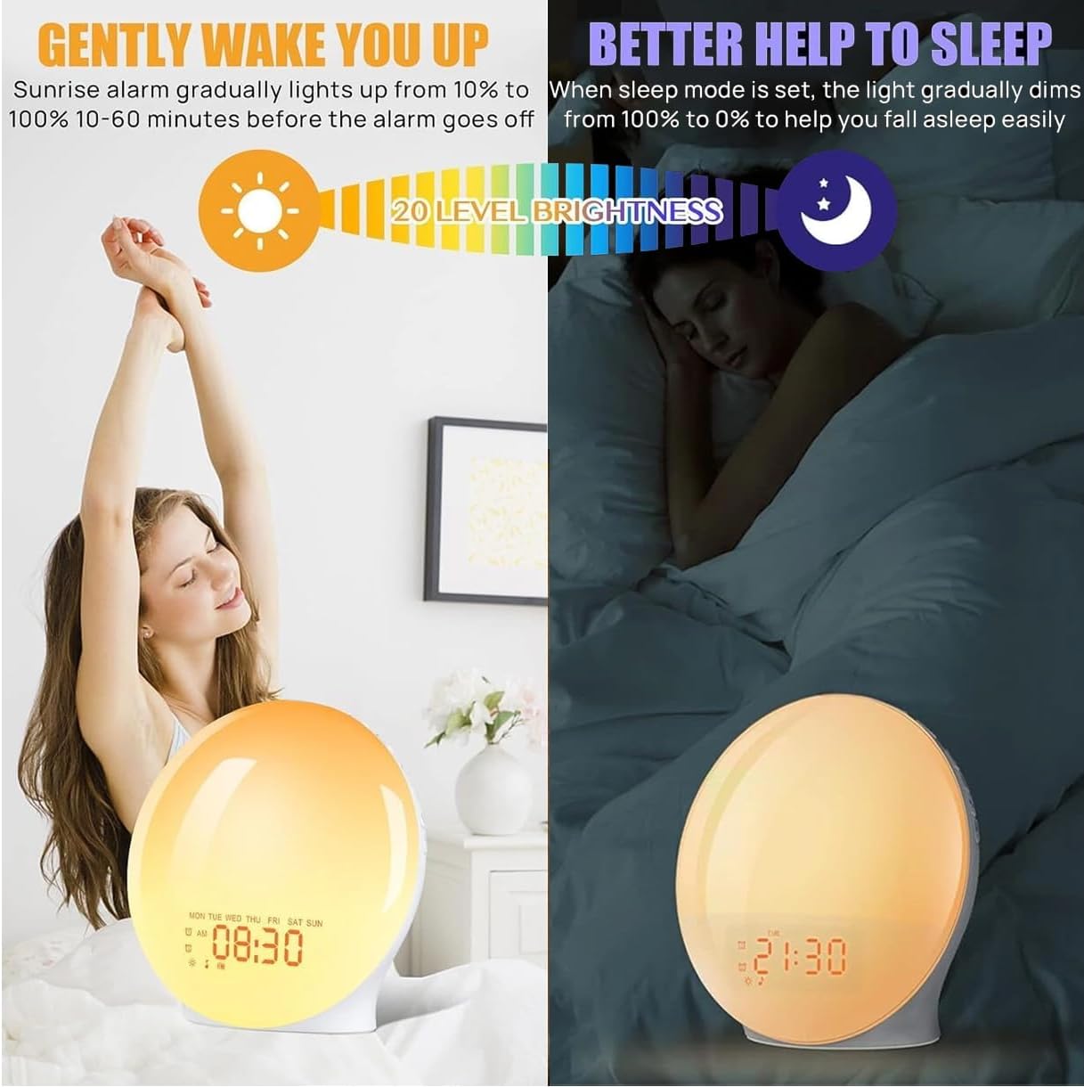 YOVDA 7 Dimmer, Sunrise Alarm Clock Radio for Bedrooms with Color Night Light, Dual Alarm, White Noise Sound Machine