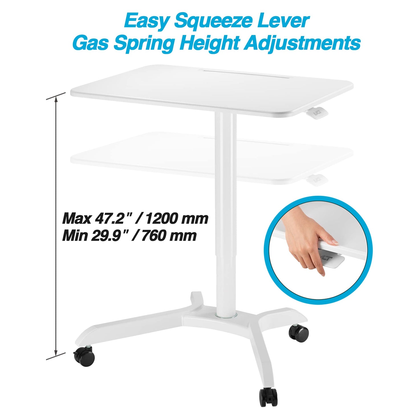 AVLT 48" Ambidextrous Standing Desk, Mobile Adjustable Height Rolling Laptop Desk, Folding Computer Projector Cart with Brake Casters, Portable White Desk for Home Office