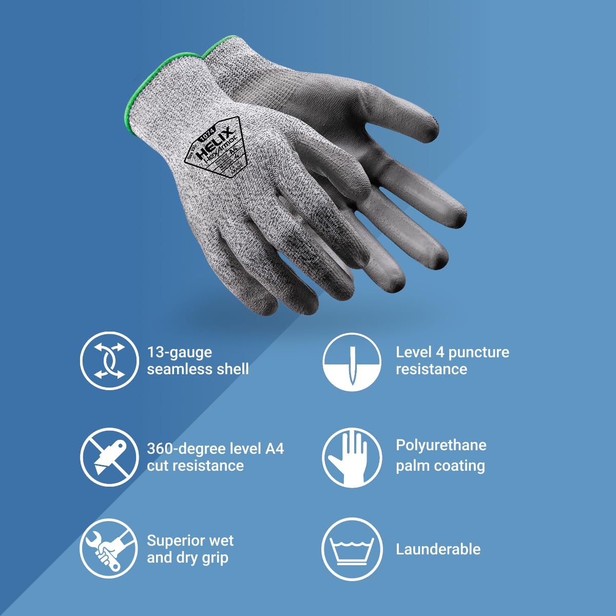 HexArmor General Purpose Safety Gloves | Polyurethane Palm Coating | A4 Level Cut-Resistance | High Abrasion-Resistance | 13-Gauge Seamless Knit | Helix 1074 | 72 Pair | X-Small