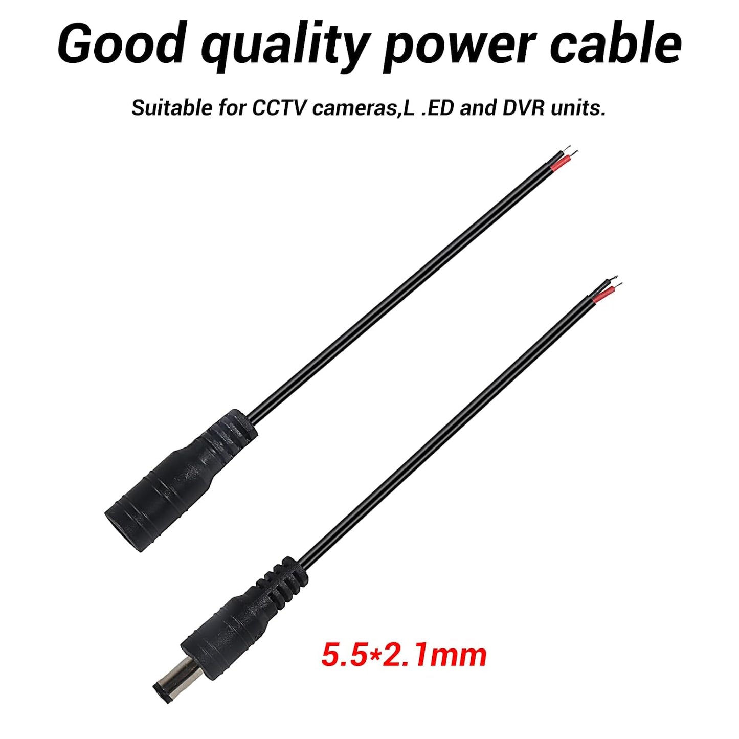 ATNSINC 10Pairs 12v 2.1mm 5.5mm DC Power Cable Male Female Connectors x DC Pigtail Adapter for CCTV Security