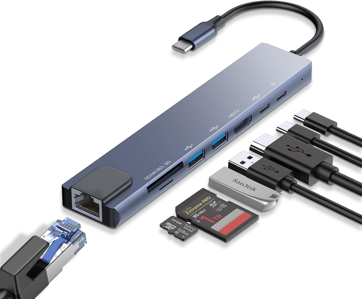 Duomigo 8-in-1 4K RJ45 USB C Docking Station Dual Monitor, USB C HUB Adapter, Triple Monitor for Laptop with HDTV & DP