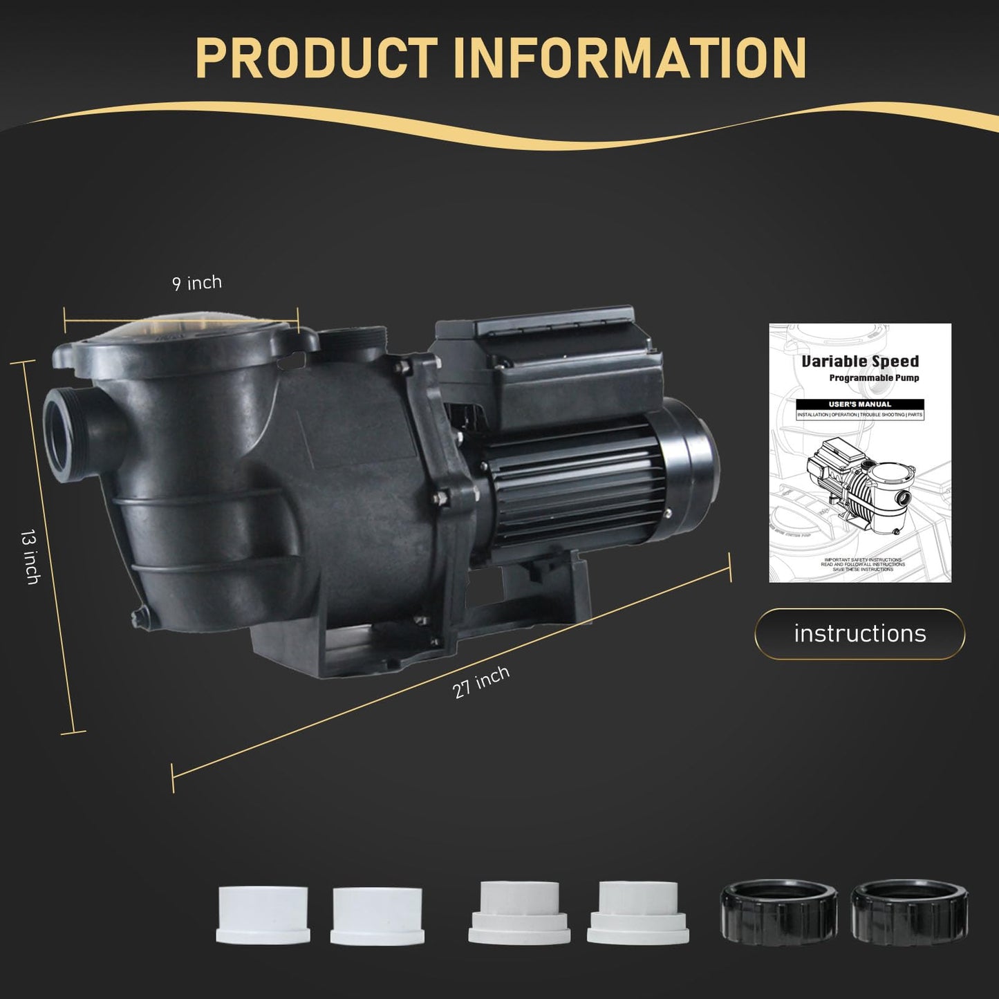 Pool Pump, 2.5HP CEC&DoE-Compliant 230Vac 10200GPH 98FT Strong Suction Energy Efficient Pool Water Filter Pump, Variable Speed Pump with 2" & 1.5" NPT Unions