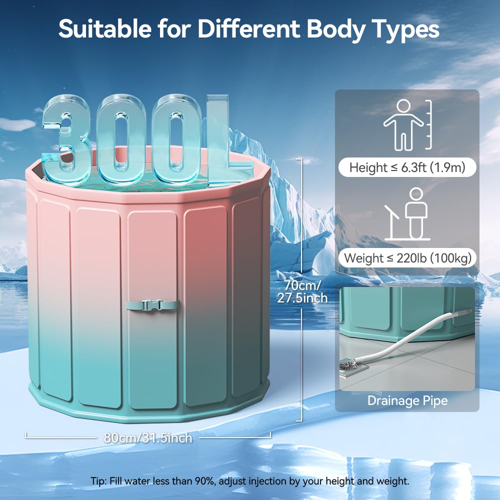 Binecer Portable Foldable Ice Bath Tub, Large Size 77 Gal, Fast Muscle Recovery, Home Outdoors Gyms, Quick Opening without Installation, No Water Leakage (Ice/Hot Universal)
