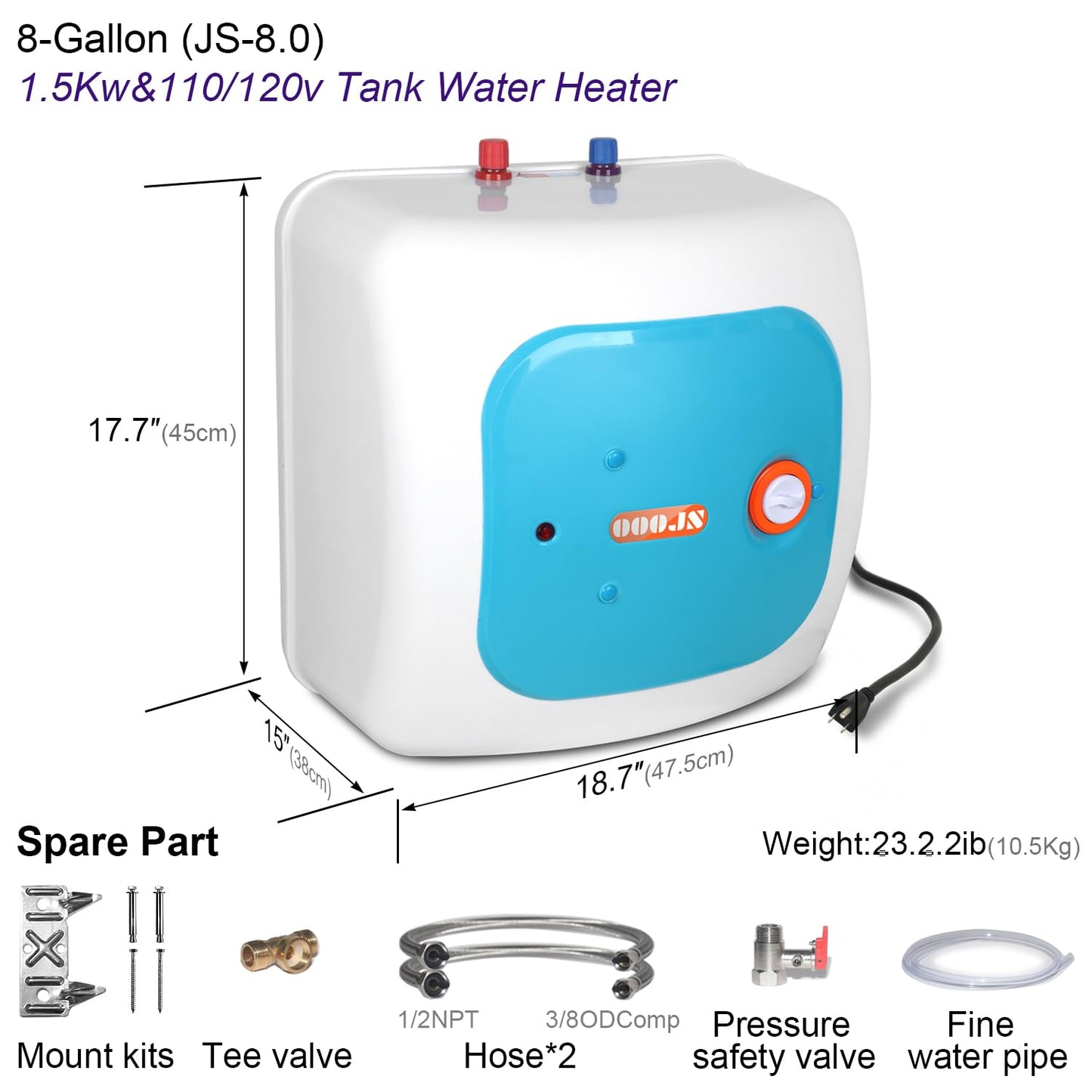110V-120V 1440-1500W Instant Electric Hot Water Heater Under Kitchen Small Tank 8.0 Gallon Storage,Rv Trailer Instant Fiberglass Compact Point-of-Use,2 PCs 16” Long 1/2”FIP Stainless Steel Hose 30L