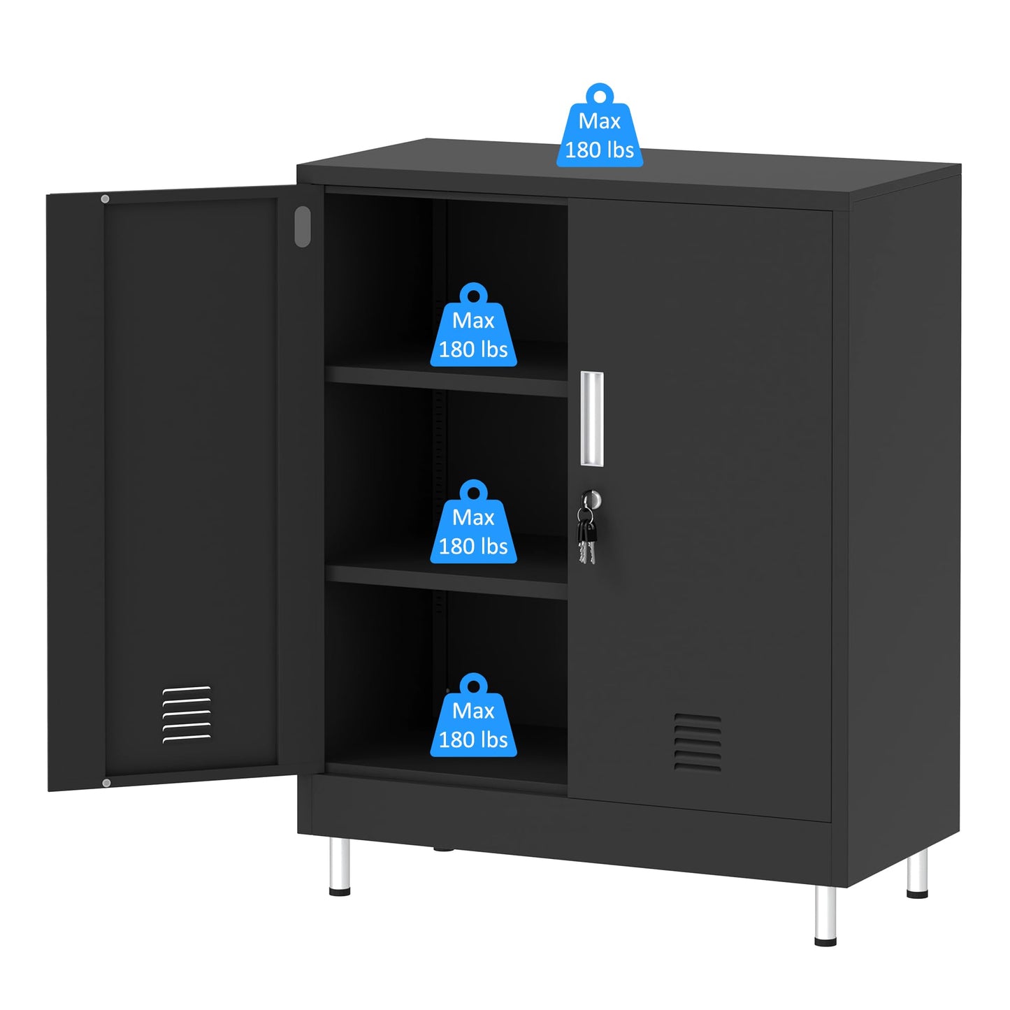 JINGUR Metal Storage Cabinet with Locking Doors and 2 Adjustable Shelves, Lockable Storage Cabinet for Home Office Garage Pantry Living Room (Black)