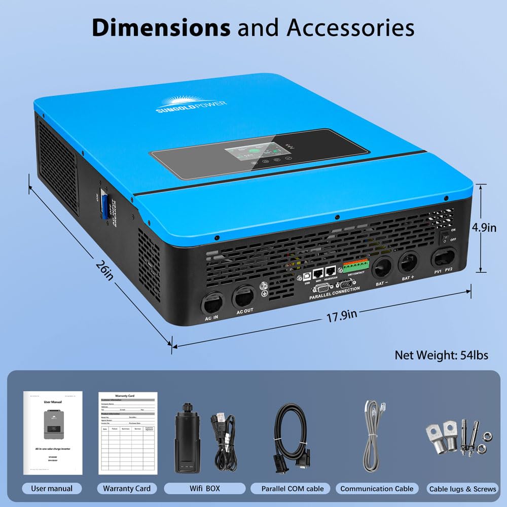 SUNGOLDPOWER 10000W 48V Solar Inverter,Built-in 2 MPPTs, Max 200A Battery Charging, AC Input/Output 120V/240V(settable), Split Phase Pure Sine Wave Inverter(WiFi and BMS COMM) UL1741 SPH10048P