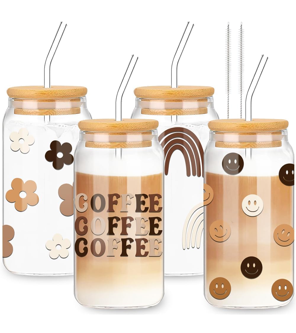 Whaline Drinking Glasses with Bamboo Lids and Glass Straw 4pcs Set - 16oz Can Shaped Glass Cup, Iced Coffee Glass Ideal for Cocktail, Whiskey, Gift - 2 Cleaning Brushes