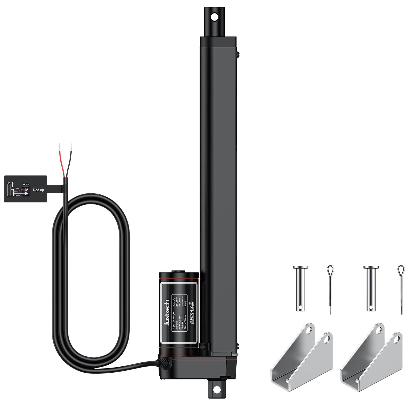 Justech 12V Heavy Duty Linear Actuator 10 inch/250mm 330lbs/1500N Silent IP65 Waterproof Electric Actuator with Brackets for Electric Windows, RV Adjustments, Solar Trackers, Industrial Machinery