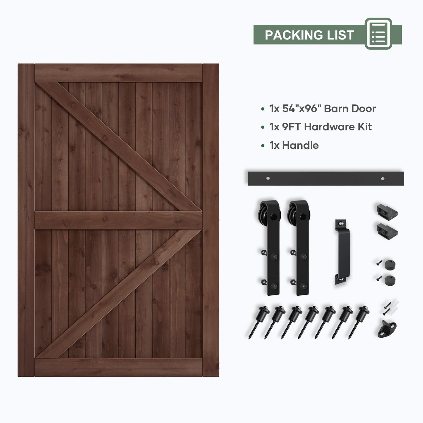 ROYMELO 54x96 inch Sliding Barn Wood Door Slab with 9ft Hardware Kit and Handle, Coffee, K Shape, Simple DIY Assembly