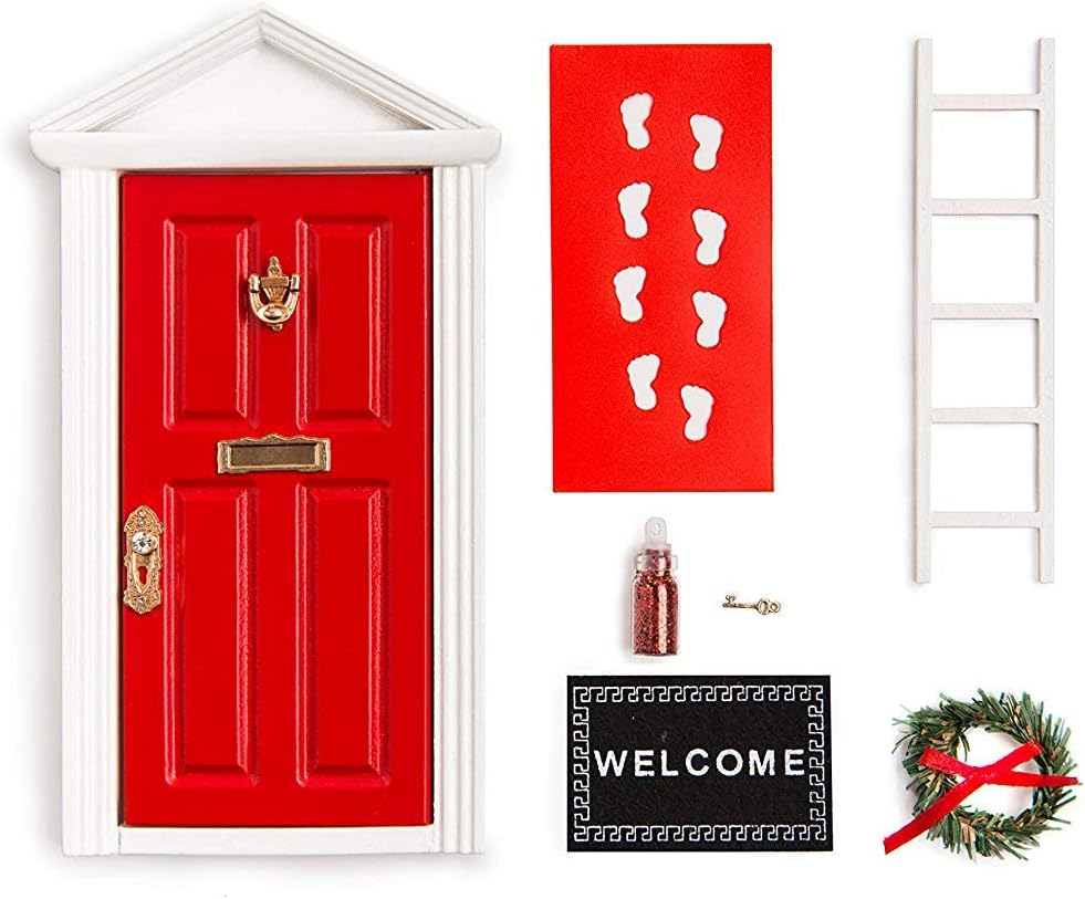 Skiennix Christmas Elf Door Kit - Miniature Wooden Decoration for Magical Holiday Decor | Red