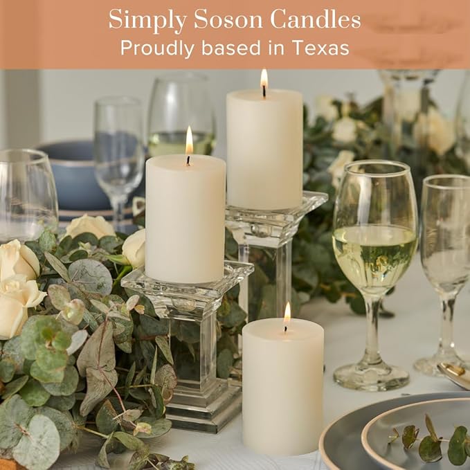 Simply Soson 3x4 inch Ivory Pillar Candles Set of 6, Smooth Texture, Unscented Ivory Candles, Dripless Candles, 3 inch Pillar Candles Ideal as Wedding, Parties, Spas, Dinner, Home Decoration, Church