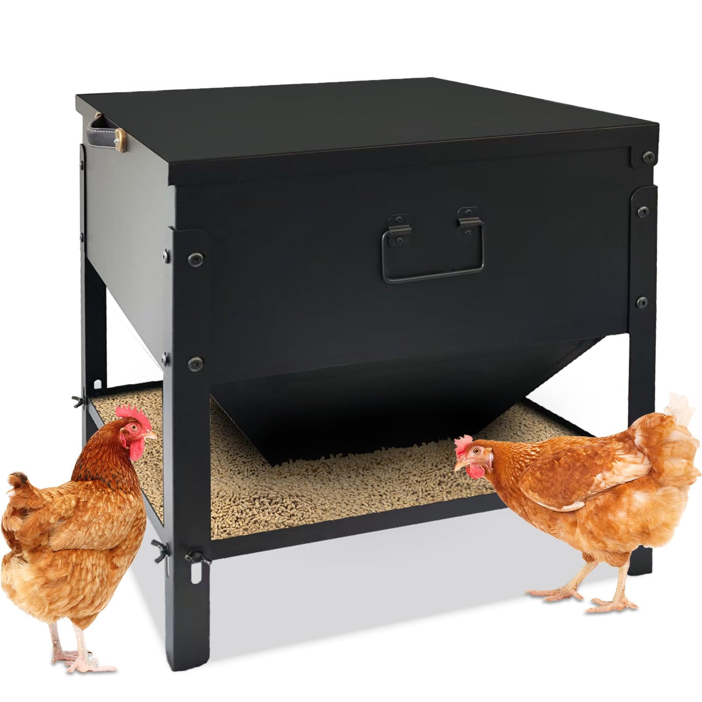 DOLEMODUO Metal Chicken Feeder No Waste, Large Capacity Poultry Feeder, Adjustable Galvanized Steel Chicken Coop Feeder with Lid and Handle