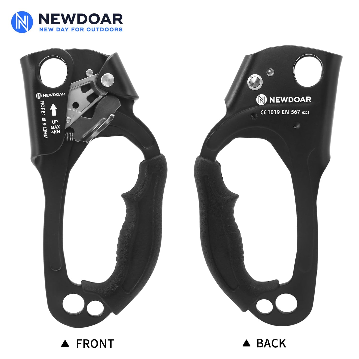 NewDoar Right Hand Ascender Rock Climbing Tree Arborist Rappelling Gear Equipment CE Certified Rope Clamp for 8~13MM Rope(Black Pro-Right)