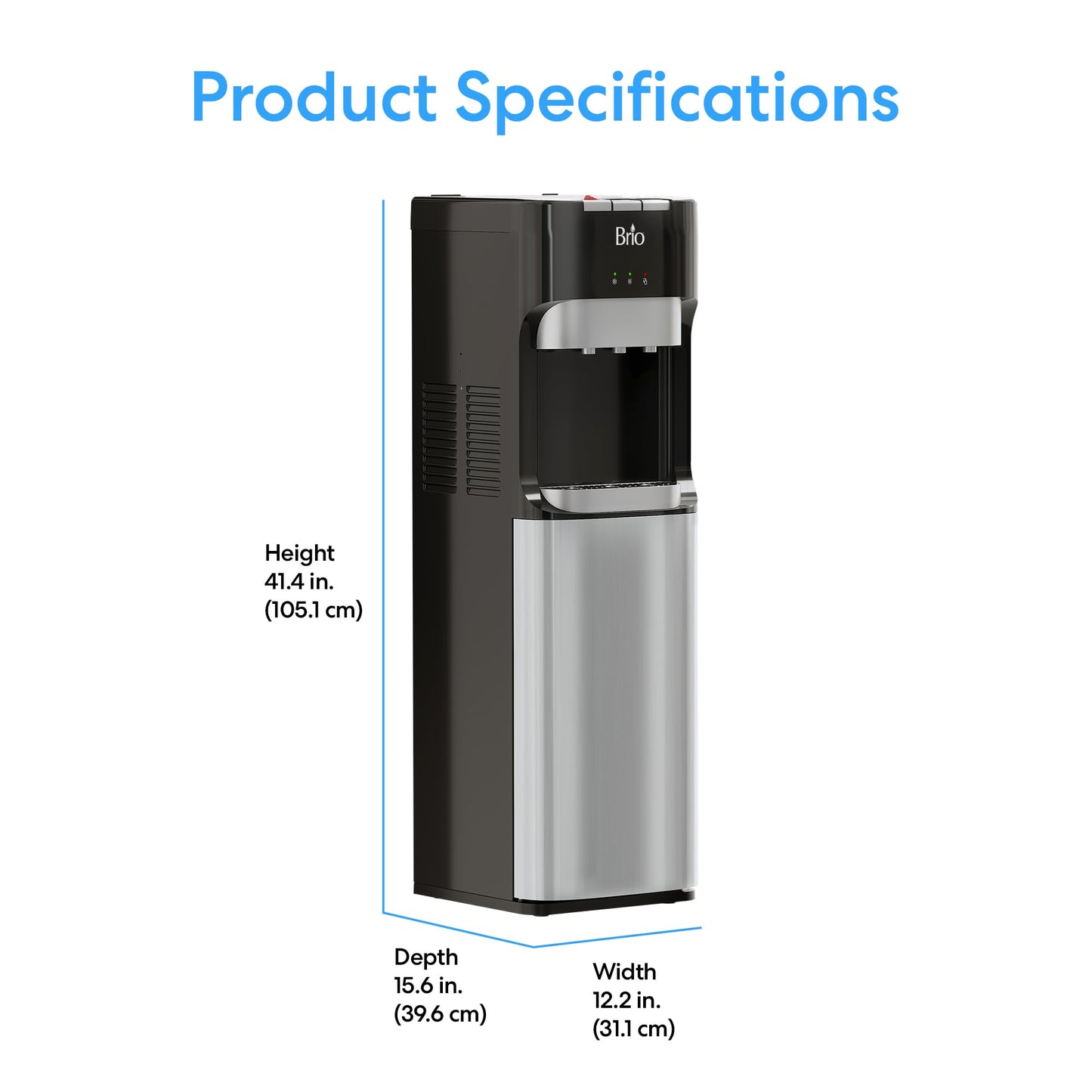 Brio Bottom Loading Water Cooler Dispenser for 5 Gallon Bottles - 3 Temperatures with Hot, Room & Cold Spouts, Child Safety Lock, LED Display with Empty Bottle Alert, Stainless Steel
