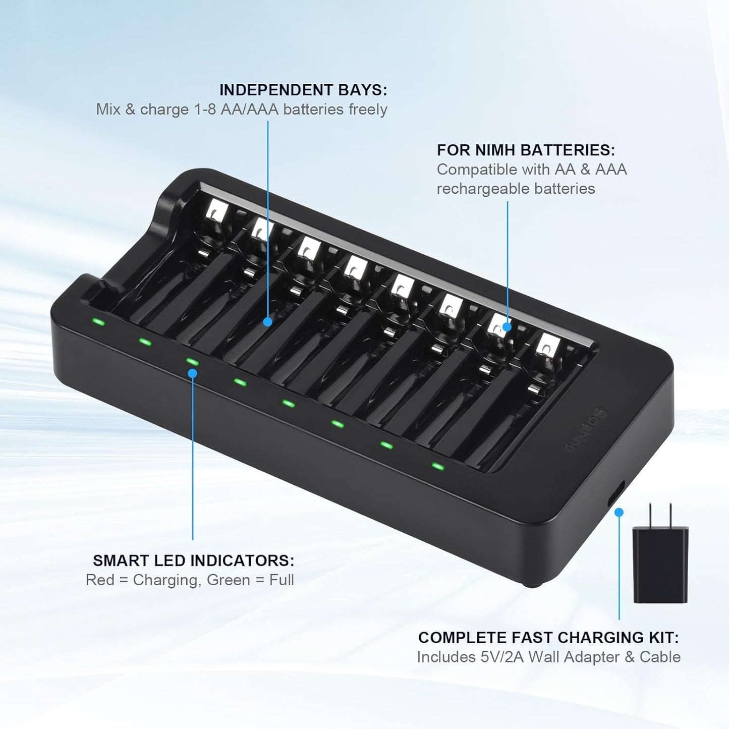 Soshine 5V 2A 8 AA AAA Battery Charger with Adapter, Bay Smart Charger with LED Indicators, Independent Slots USB-C